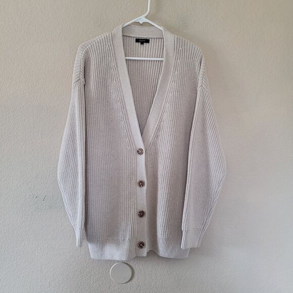 Quince Sweaters - Quince Women 100% Organic Cotton Boyfriend Cardigan Large Oversize Beige Ribbed